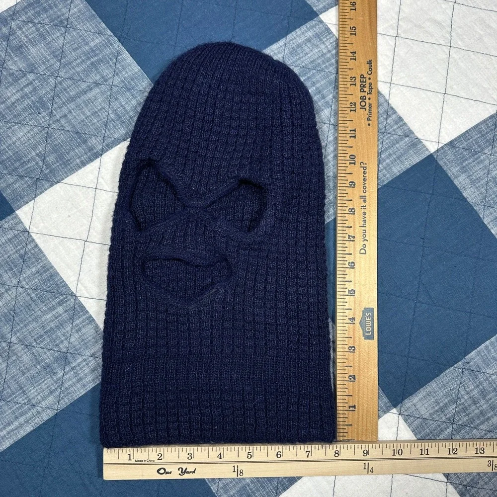 Vintage 80s Navy Blue Knit Balaclava 3 Hole Ski Mask Winter Beanie Hat Mens